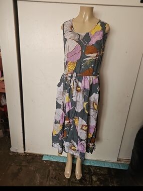 Sleeveless Floral Maxi Dress in Charcoal with Pink & Yellow Accents